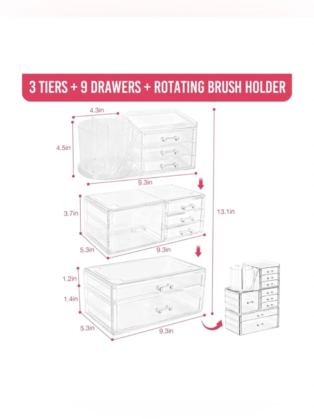 Clear Makeup Organizer with 9 Drawers, 3 Tier Stackable Makeup Storage